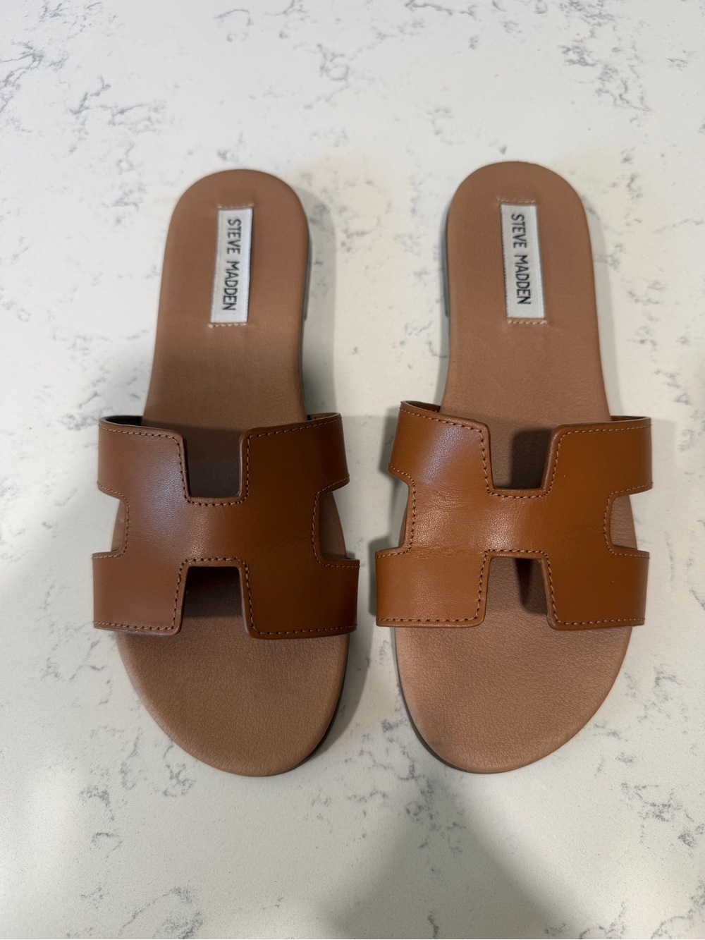 Steve Madden Brown Leather-Look Slide Sandals